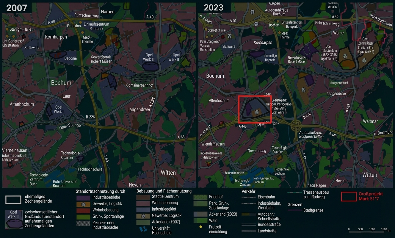 Vergleichskarte Bochum 2007–2023, Flächennutzung, Verkehrsachsen und Legende
